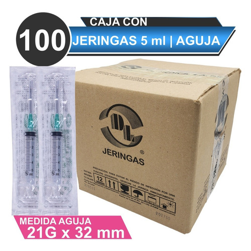  100 Jeringas De Plástico 5 Ml Con Aguja 21x32 Estéril