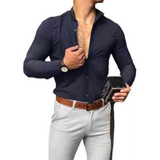 Camisa Entallada Hombre Manga Larga Slim Fit Al Cuerpo Mao