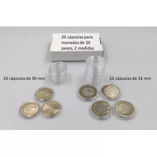 30 Cápsulas Para Monedas 20 Pesos De 30  Y 32 Mm Con Caja