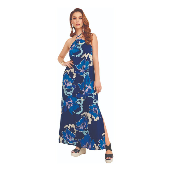 Vestido Maxi Halter Estampado Floral Azul 914-41