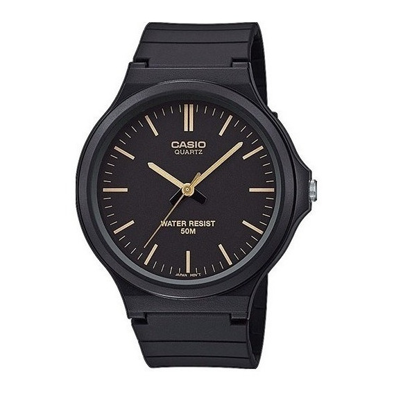 Reloj de pulsera Casio Youth MW-240-1E2V de cuerpo color negro, analógico, para hombre, fondo negro, con correa de resina color negro, agujas color dorado y negro, dial dorado, minutero/segundero dora