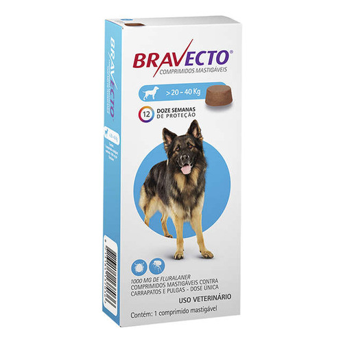 Pastilla antiparasitario para garrapata MSD Bravecto Comprimido Masticable Bravecto comprimido para perro de 20kg a 40kg color marrón claro