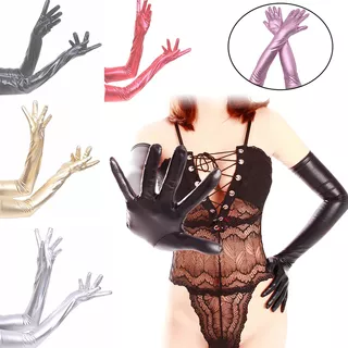 Guantes Negros Largos Dama De Cuero Satin Accesorio Disfraz