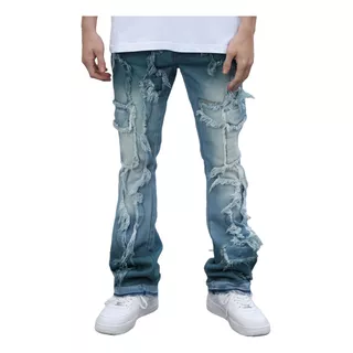 Logeqi® Jeans  Campana Flecos Azules Hombre 