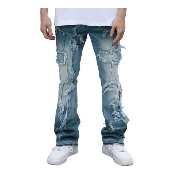 Logeqi® Jeans  Campana Flecos Azules Hombre 