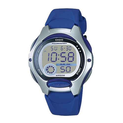 Reloj pulsera digital Casio LW-200 con correa de resina color azul - fondo gris - bisel negro/plateado
