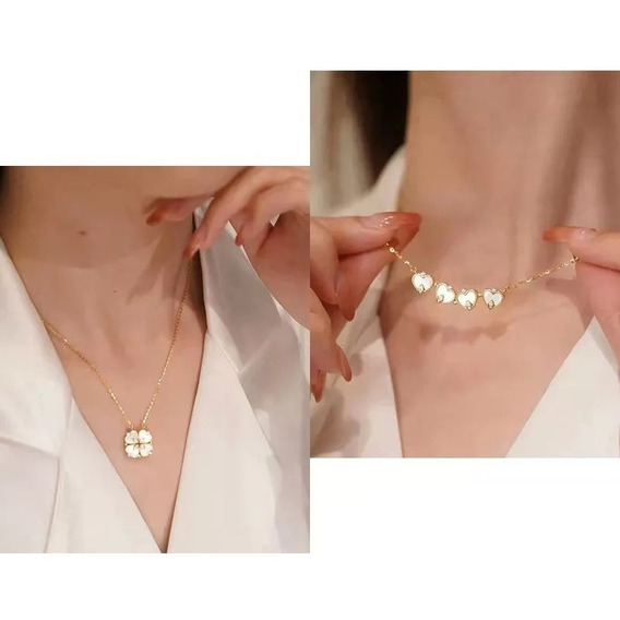 Collar Cadena Mujer Magnético Trébol Corazón 2 En 1 Dorado
