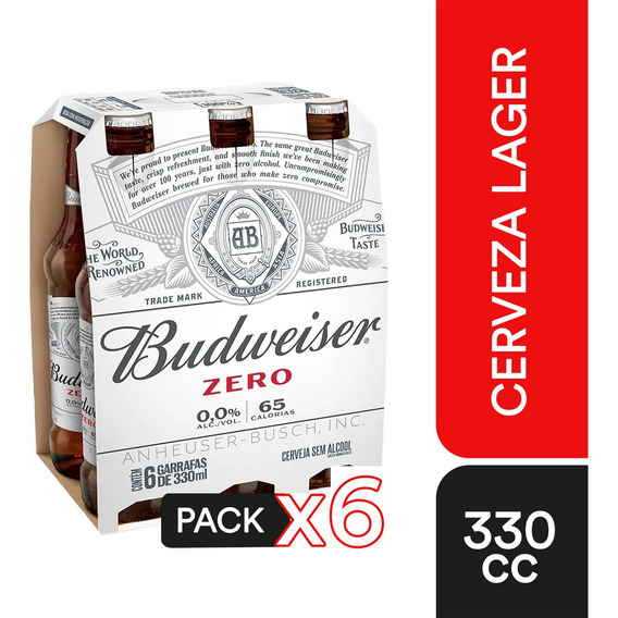Pack 6 Cerveza Budweiser Zero Sin Alcohol Botella De 330cc