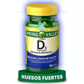 Vitamina D3 Spring Valley | 5000 Ui 125 Mcg | 100 Softgels Sabor Sin Sabor
