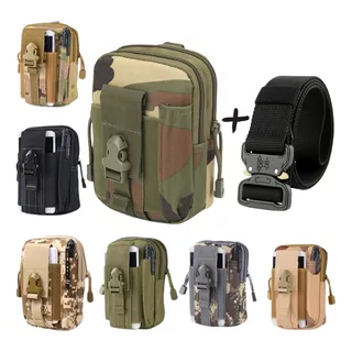 Kit Pochete + Cinto Tático Militar Fivela De Engate + Rápido Cor Cinto Preto+pochete Camuflada