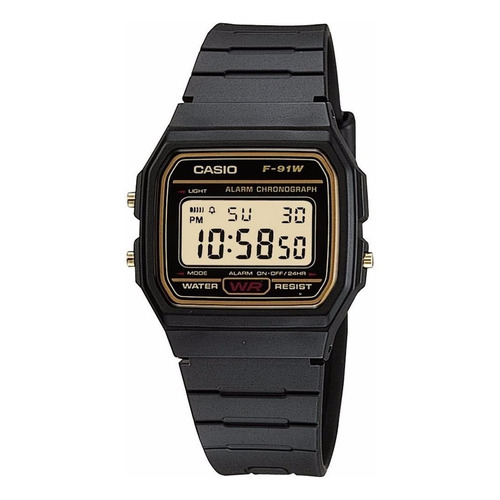 Reloj de pulsera Casio Collection F-91 de cuerpo color negro, digital, para hombre, fondo dorado, con correa de resina color negro, dial negro, minutero/segundero negro, bisel color dorado y hebilla simple