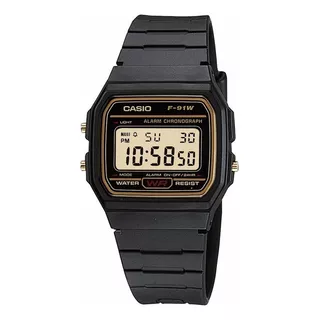 Reloj De Pulsera Casio Collection F-91wg-9qdf-sc De Cuerpo Color Negro, Digital, Para Hombre, Fondo Dorado, Con Correa De Resina Color Negro, Dial Negro, Minutero/segundero Negro, Bisel Color Dorado Y