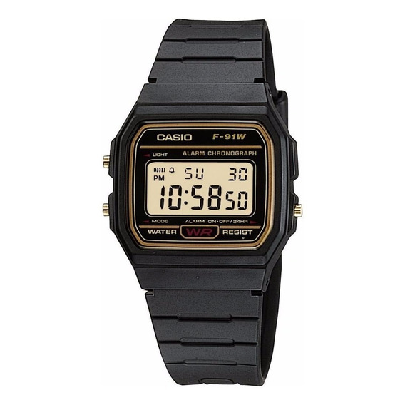 Reloj pulsera Casio Collection F-91WG-9QDF-SC de cuerpo color negro, digital, para hombre, fondo dorado, con correa de resina color negro, dial negro, minutero/segundero negro, bisel color dorado y he