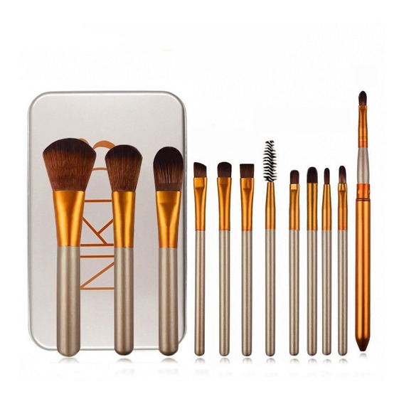 Set 12 Brochas Para Maquillaje Con Cajita Estuche Metálica