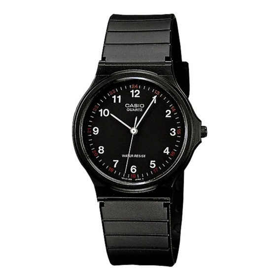 Reloj pulsera Casio Collection MQ-24 de cuerpo color negro, analógico, fondo negro, con correa de resina color negro, agujas color blanco, dial blanco, minutero/segundero blanco y rojo, bisel color ne