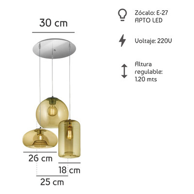 Colgante 3 Luces Desigual Ambar Base Redonda Apto Led E27