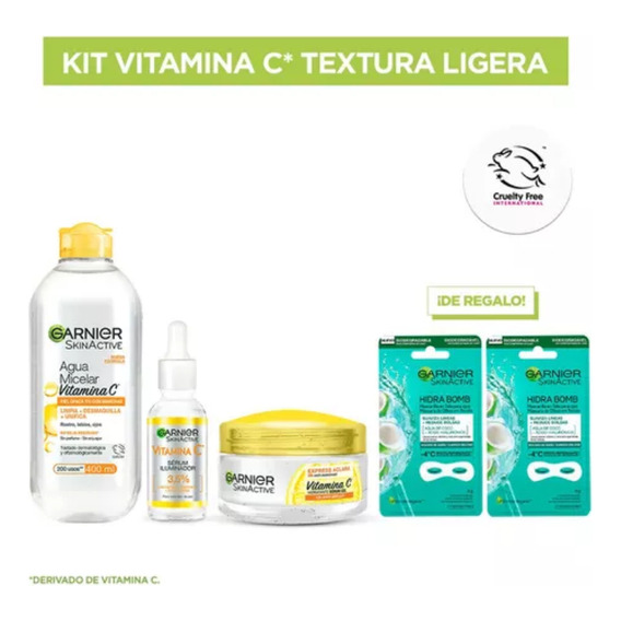 Kit de agua micelar Garnier Vitamina C serum iluminador hidratante mascarillas de regalo