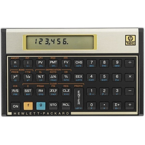 Calculadora financiera HP 12C F2230A. color dorado