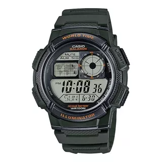 Reloj Pulsera Casio Youth Series Ae-1000 De Cuerpo Color Gris, Digital, Para Hombre, Fondo Negro, Con Correa De Resina Color Verde, Dial Negro, Subesferas Color Gris, Minutero/segundero Negro, Bisel C