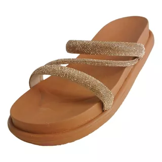 Sandália Feminina Birken Marrom Claro Com Tiras Strass