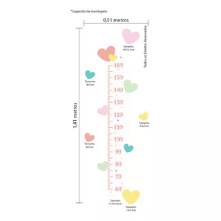 Adesivo Corações Coloridos Tons Pastéis Régua 141x51cm Cor Colorido