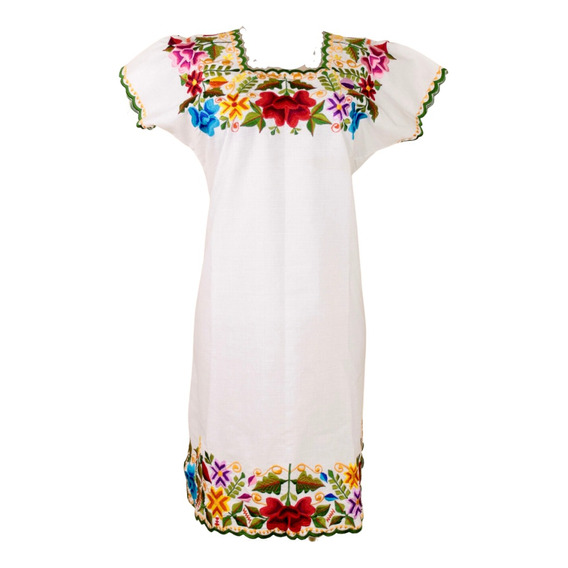 Vestido Huipil Lino Bordado Ambos Lados Artesanal Yucateco