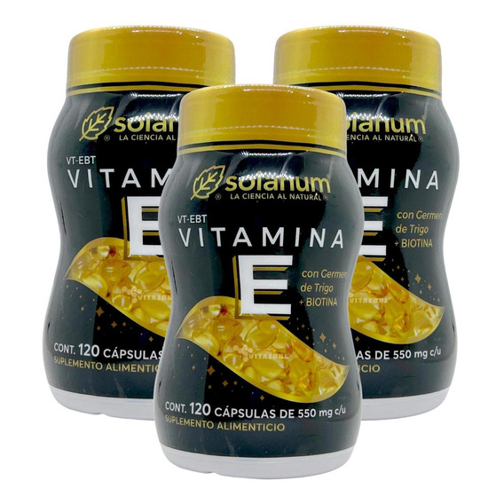 3 Pzs. Biotina Con Vitamina E, 360 Caps De 550 Mg Solanum.