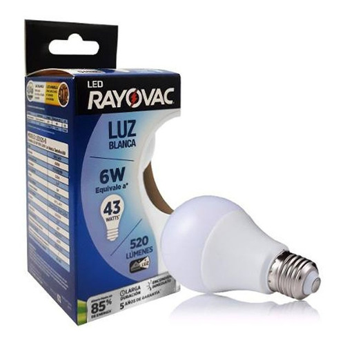 Ampolleta Luz Blanca 6w Led Rayovac 520 Lumenes 6500k E27 Color de la luz Blanco frío