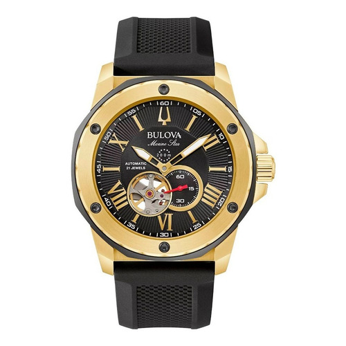 Reloj Bulova Marine Star Original Automático Para Hombre Correa Negro Bisel Dorado Fondo Negro