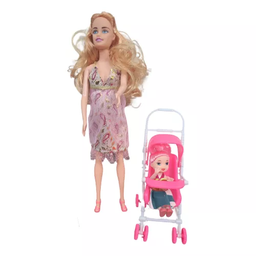 Boneca Gravida Estilo Barbie Andador Carrinho Bonequinha morena