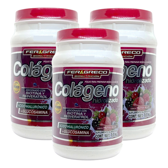 Colágeno Hidrolizado Glucosamina Biotina Frutos Rojos 3 Pzs