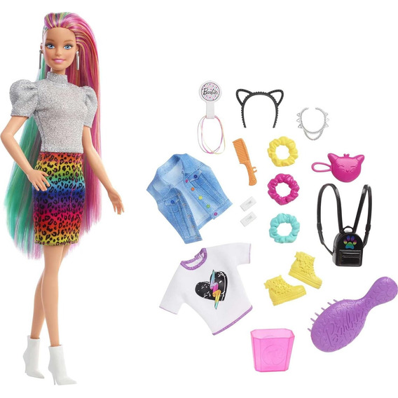 Muñeca Barbie Con Pelo Arcoíris Y Leopardo Con Accesorios