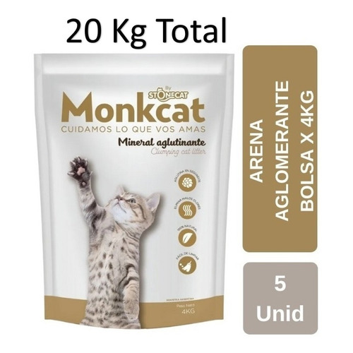 Arena sanitaria para gatos Monkcat bentonita aglomerante 4kg por 5 bolsas