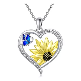 Collar Girasol Plata Ley 925 Con Mariposa Azul Joyas Mujer