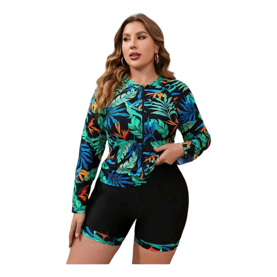 Traje Baño Gordita Talla Extra Blusa Manga Larga Short Negro