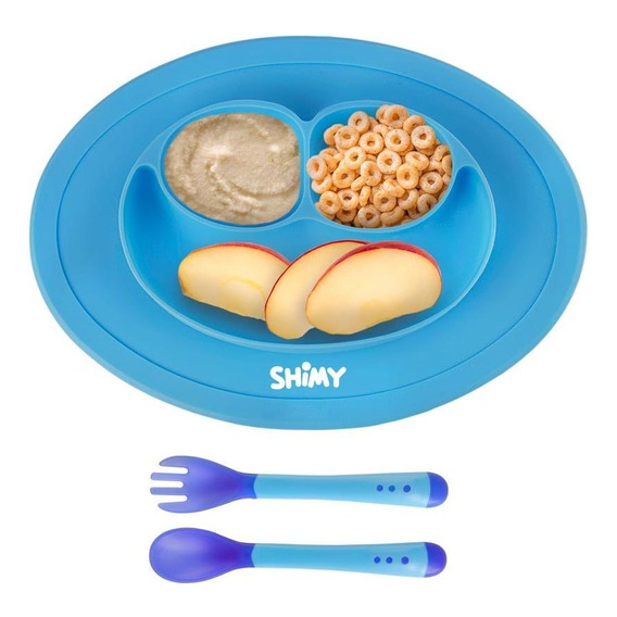 SHIMY Plato Antideslizante para Bebés y Niños con Cubiertos, Silicón de Alto Grado Alimenticio Libre de BPA, Fácil de Limpiar, Ultrarresistente, Evita Derrames y Accidentes, Color Azul