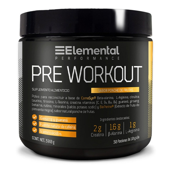 Elemental Performance, Pre-workout - Beta-alanina, L-Arginina, guaraná | 30 Porciones De 10g C/u | 300g Sabor Ponche de frutas