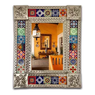 Espejo Mexicano Laton Laminado Talavera Artesanal 55cmx45cm