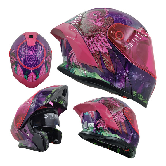 Casco Certificado Abatible Mujer Mica Rosa Night Vision Dama