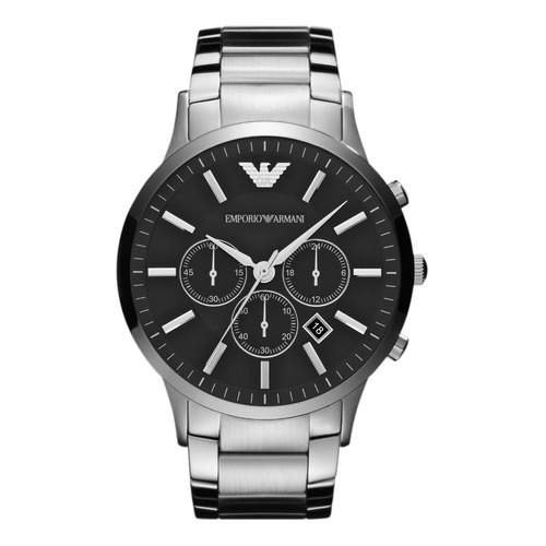 Reloj de pulsera Emporio Armani AR2460 de cuerpo color plata, para hombre, fondo negro, con correa de acero inoxidable color plata, bisel color plata