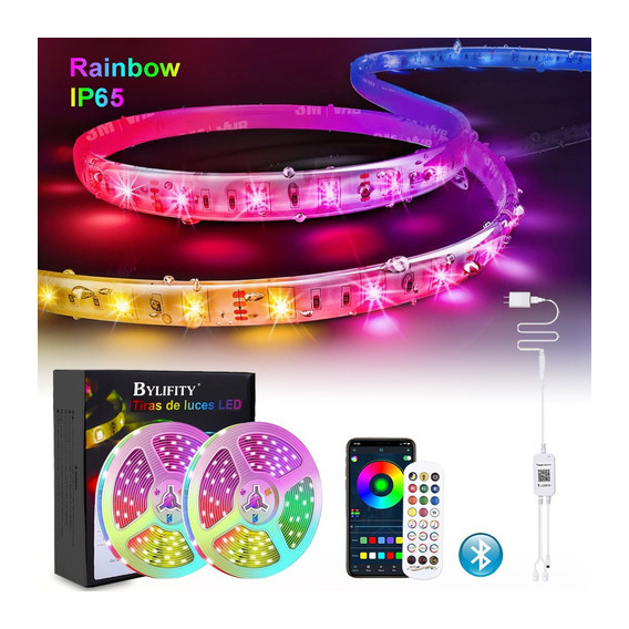 Tira Led Bylifity Impermeable Ip65, 10m Luces Led Rgbic Bluetooth Con Effecto De Arco Iris, Tiras Luz Led Modo De Música Y Escena 16 Milliones De Colores Para Habitación Gaming, Techo, Cocina Y Fiesta