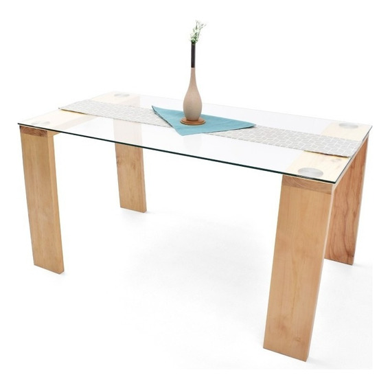 Mesa De Comedor 6 Puestos Milan Matiz Tapa Vidrio Patas Madera Pino Natural