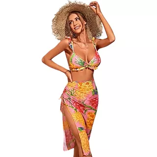 Traje De Baño Bikini De Mujer Con Falda Patrón Flor Sexy 3pz