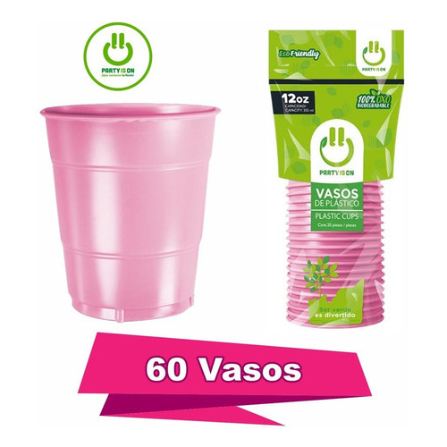 Vaso De Plástico Desechable 12 Oz. Party Is On - 60 Piezas Color Rosa