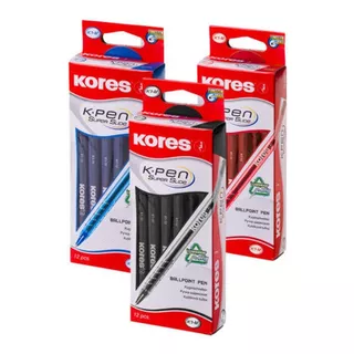 Caja Bolígrafos Marca Kores 12 Unidades Negro, Azul Y Rojo