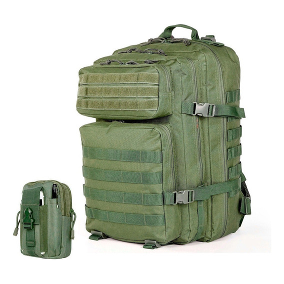 Mochila Militar Táctica 45 Lts  Pouch Estuche Porta Celular Color Verde Oscuro