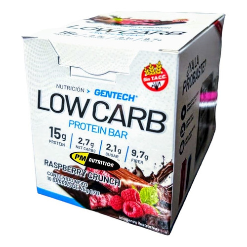 Barras De Proteina Low Carb Gentech Caja 10 Uni 3.3g Carbo Sabor Raspberry Crunch