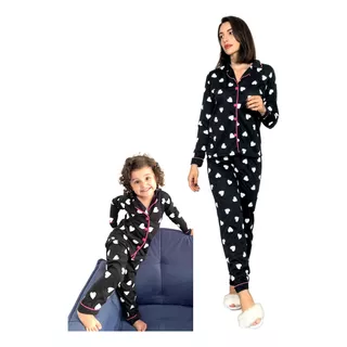 Kit Pijama Mãe E Filha Americano Calça E Blusa Inverno Botão