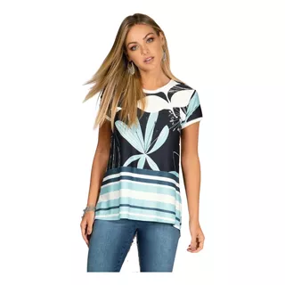 Blusa Blusinha Mullet Alongada Estampa Floral Azul Feminina