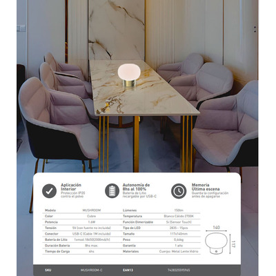 Lampara Velador De Mesa Mushroom Inalámbrica Led Dimer Mc